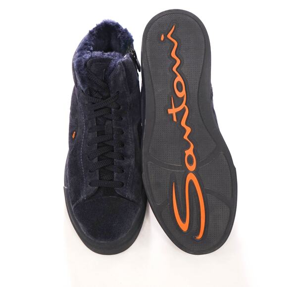 $860 SANTONI - Navy Blue Suede Shearling Lined Sneakers - US 8 (7UK)